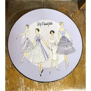 Rosanna Porcelain Set of 4 Vintage Dessert Plates with Fashion Illustrations
